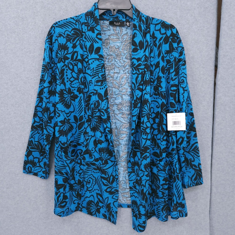 Ella Rafaella Eco Floral Print Roll Collar Draped Blue Cardigan Womens Size SP